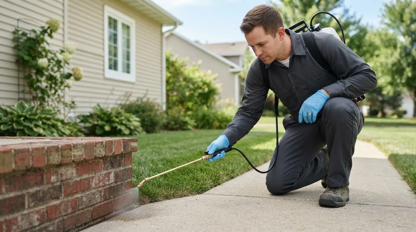 Pest control technician treating a home near Union City, OH