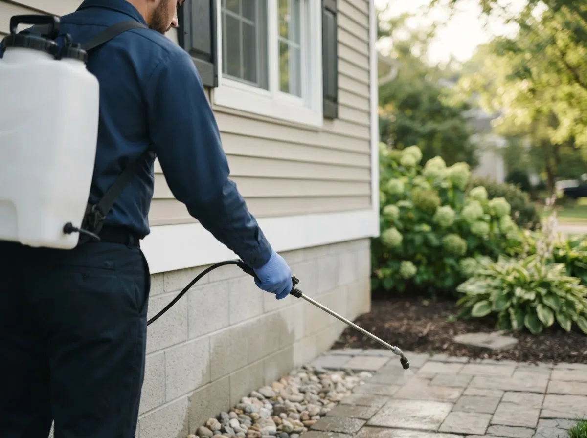 Pest control technician inspecting a home in Union City, OH